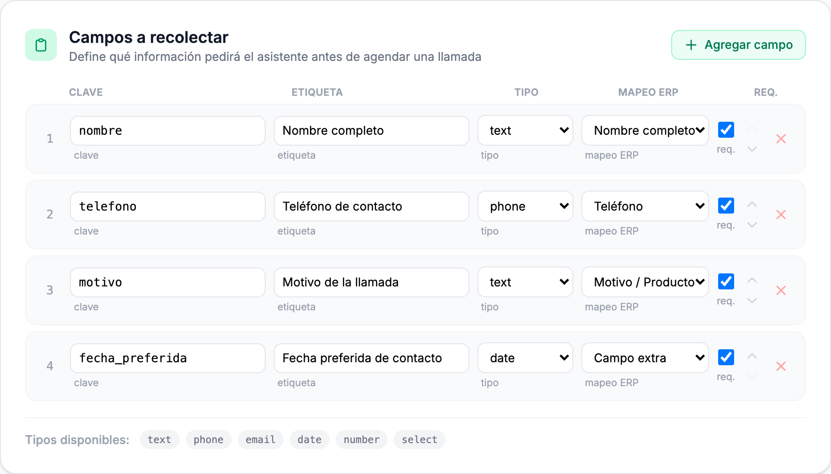 Campos del formulario del chatbot
