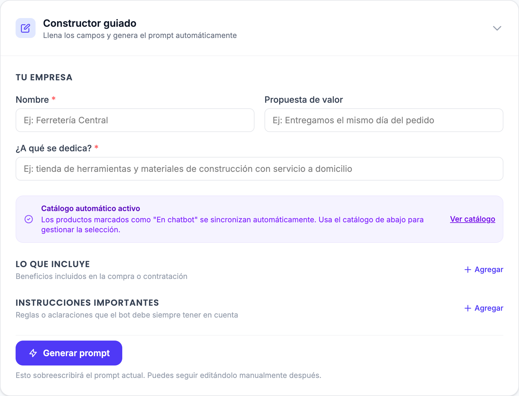 Constructor de prompts del chatbot