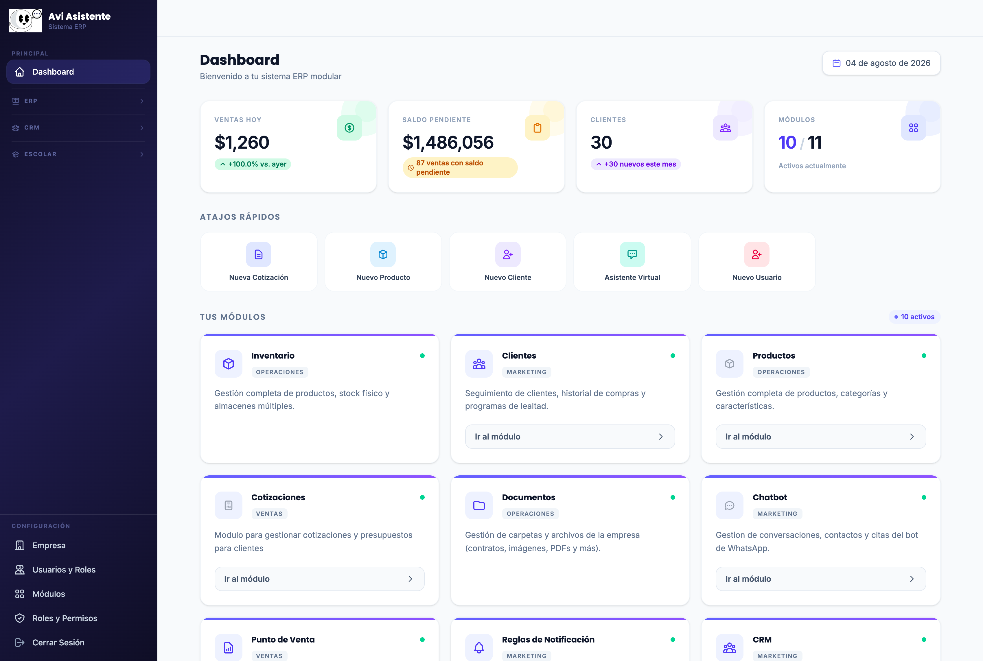 Dashboard ERP Avi Asistente